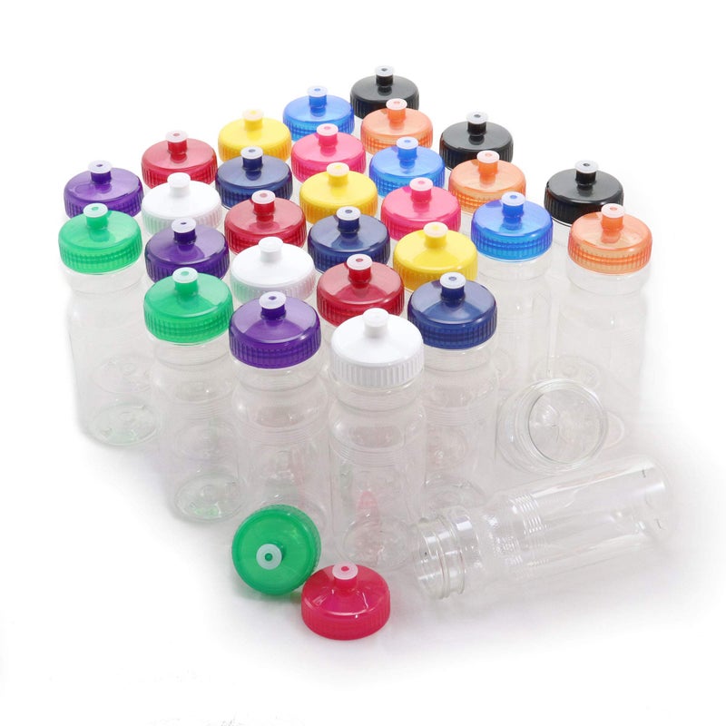 Rolling Sands Reusable Bulk Water Bottles 30 Pack - 24 Oz Sports Water Bottles, USA Made, BPA-Free, Wide Mouth for Easy Cleaning, Break Resistant - Translucent Clear Bottle/Rainbow Lid - Image 1